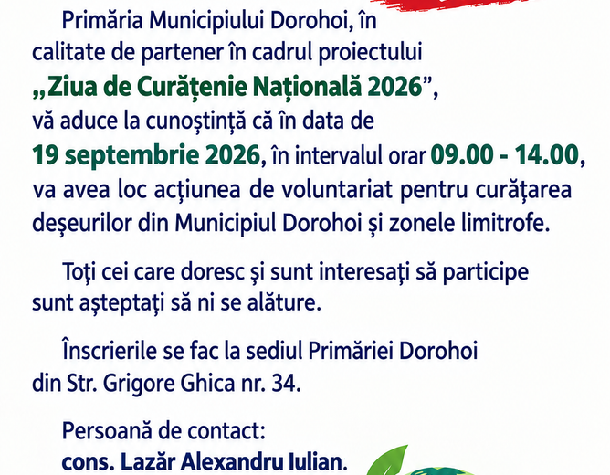 „Ziua de Curățenie Națională 2026” –  LET’S DO IT, ROMÂNIA!